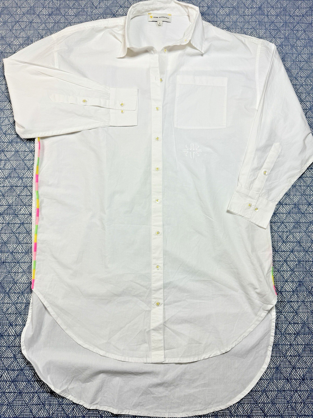 Kerri Rosenthal Eva Shirt Small White Cotton Poplin Neon Stitch Button Tunic